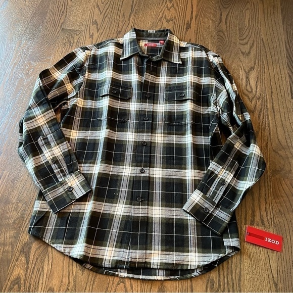 NWT mens Izod button up long sleeve 100% cotton flannel forest night color med - Picture 1 of 6